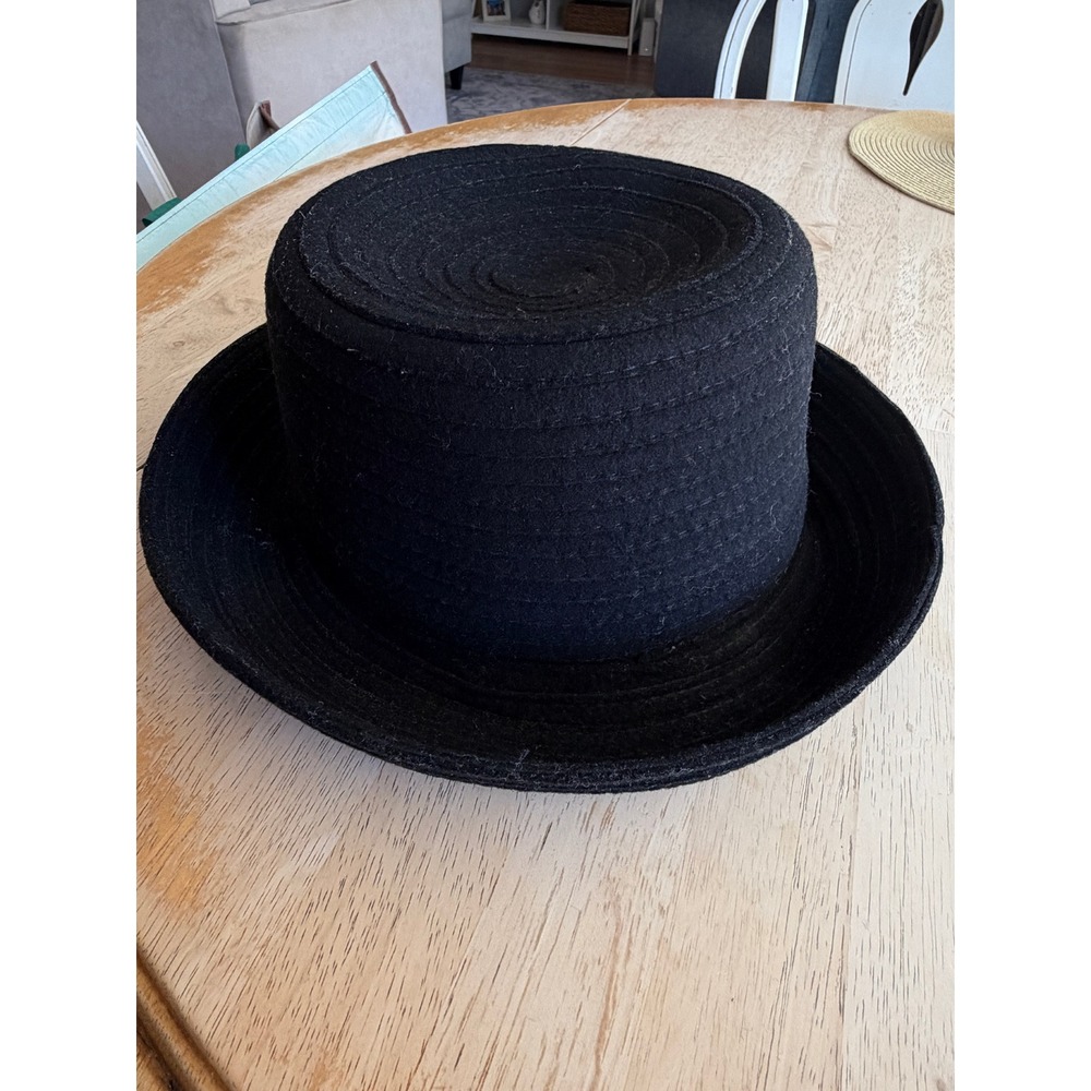 Black 100% Wool Boater Hat Flat Top Wide Brim Steampunk Victorian Style